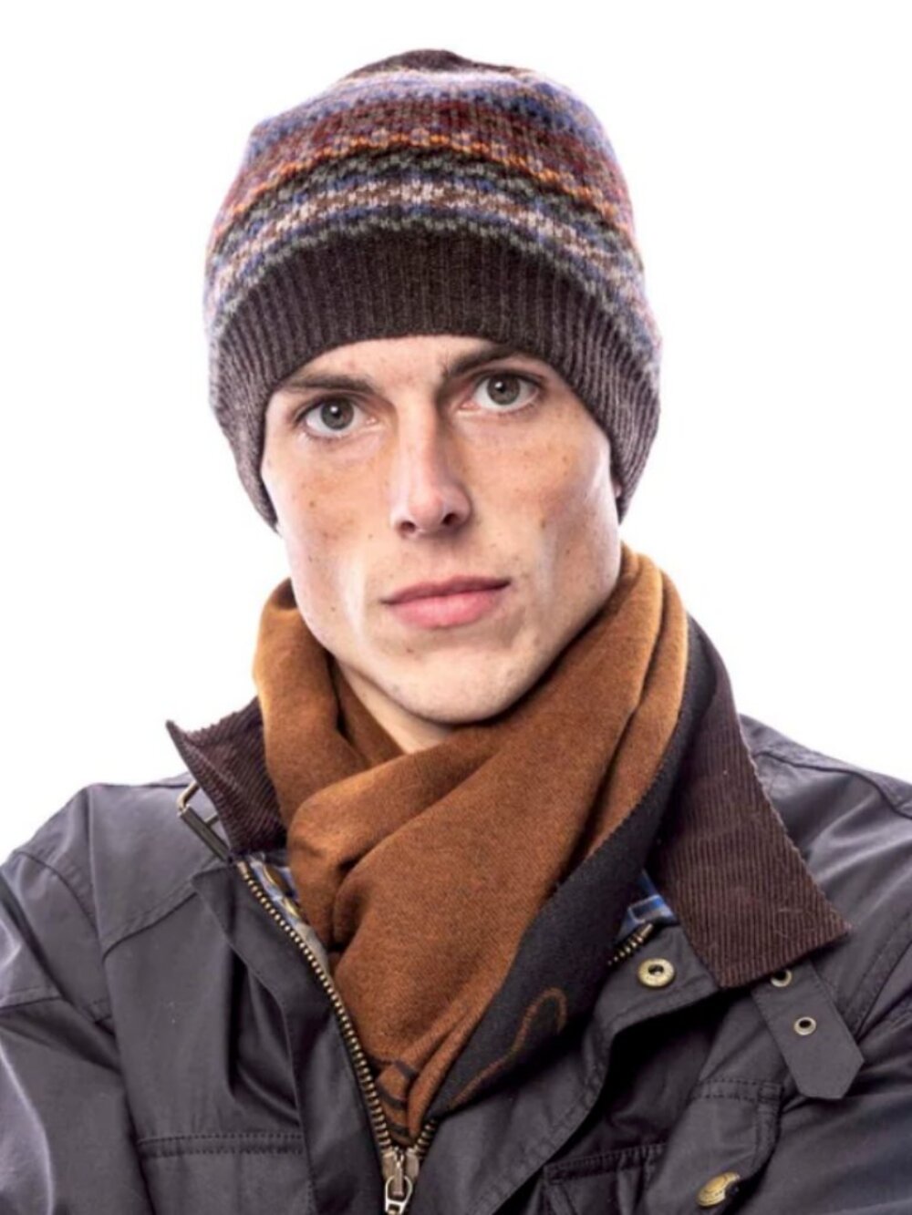 ROBERT MACKIE Donegal Pure New Wool Fair-Isle Ribbed Knit Beanie Hat ONE SIZE